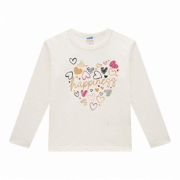 Blusa feminina manga longa estampa corações na cor off white