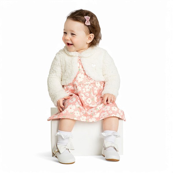 Vestido manga longa felpado estampa floral com aplicação de pelo sherpa