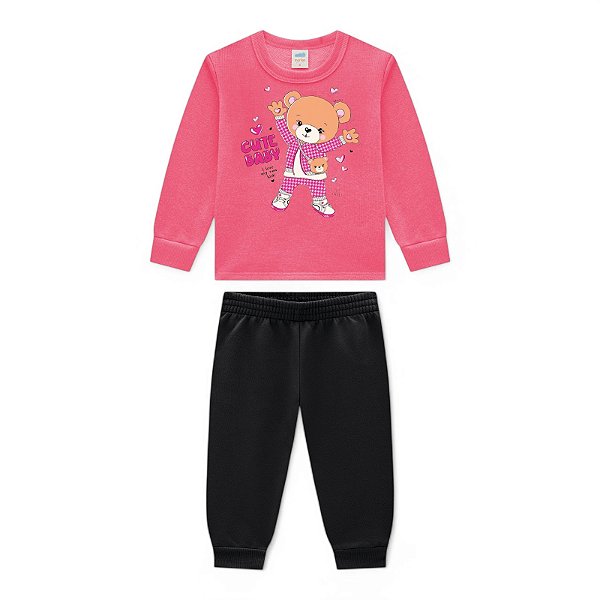 Conjunto moletom felpado feminino estampa urso com glitter
