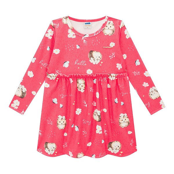 Vestido manga longa estampa jardim florido no fundo de cor rosa