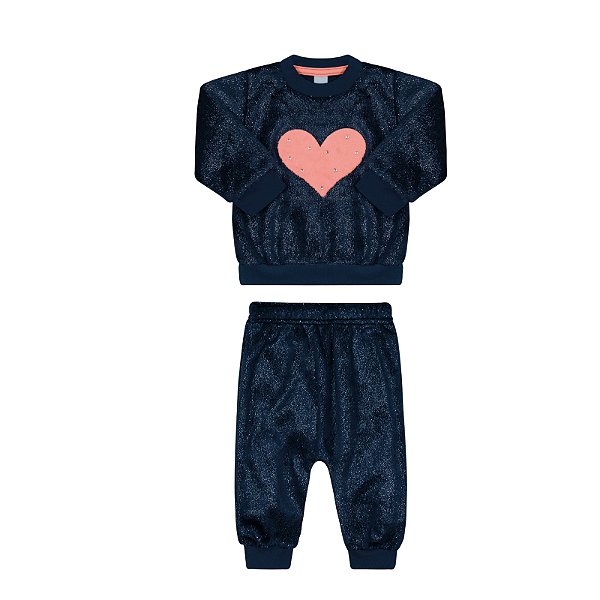 Conjunto em pelinhos na cor marinho com estampa coração