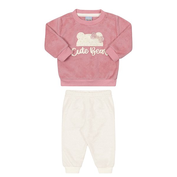 Conjunto feminino em pelinhos na cor rosa estampa touquinha com lacinho