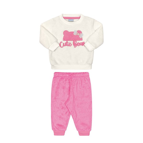 Conjunto feminino em pelinhos na cor marfim estampa touquinha com lacinho