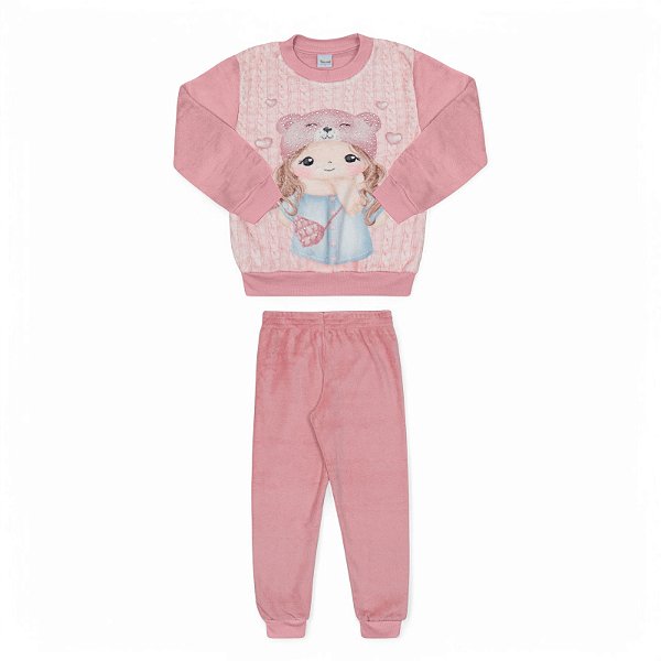 Conjunto em pelinhos estampa menininha com aplicações