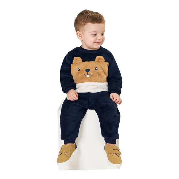 Conjunto masculino em pelinhos estampa carinha de ursinho