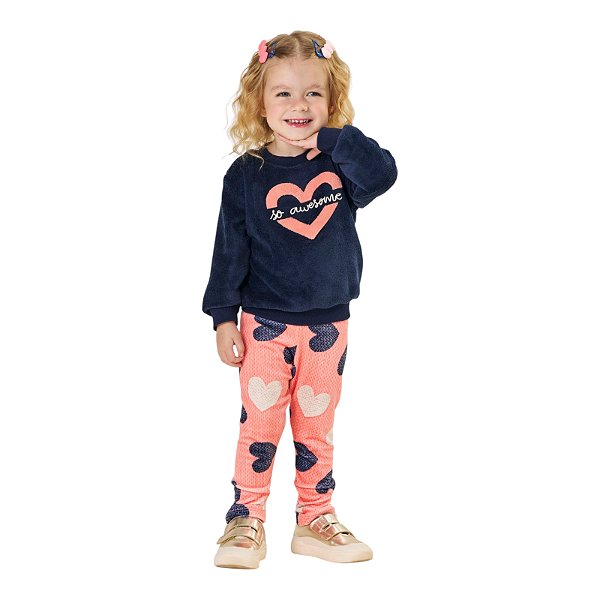 Conjunto feminino casaco e legging em pelinhos estampada corações