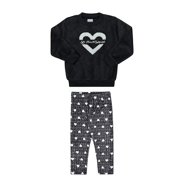 Conjunto feminino casaco e legging em pelinhos estampada corações