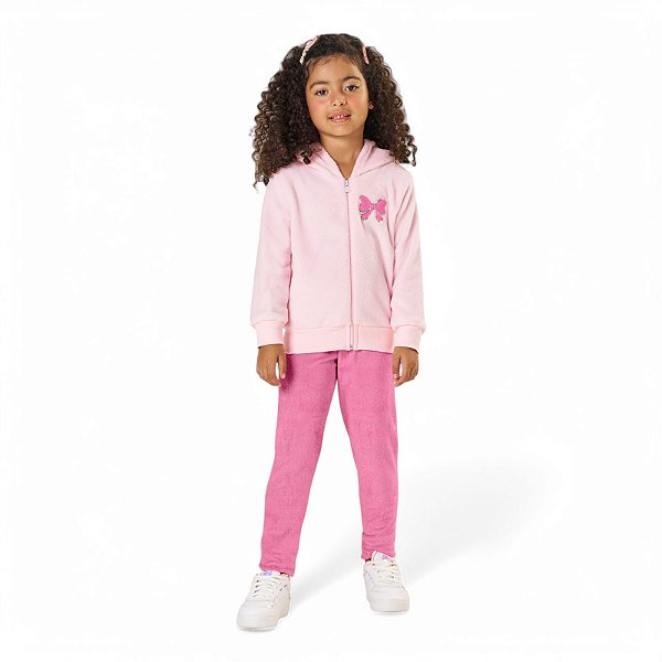 Conjunto com casaco aberto e legging em pelinhos com aplicação em lacinhos
