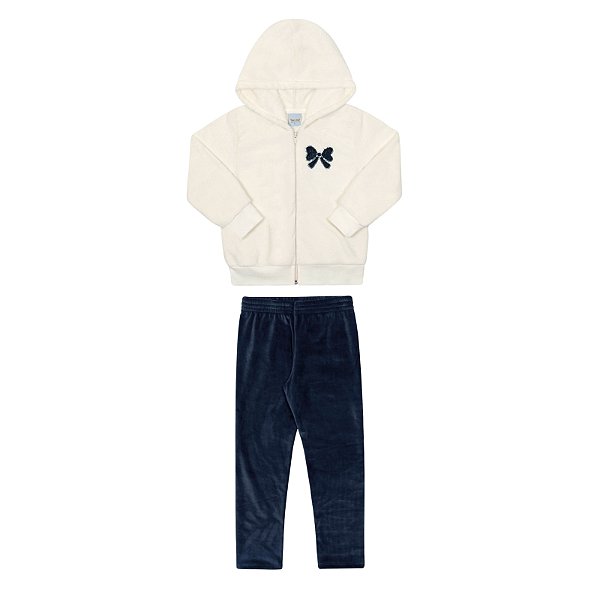 Conjunto com casaco aberto e legging em pelinhos com aplicação em lacinhos