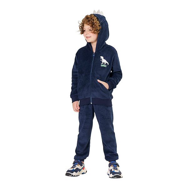 Conjunto masculino em pelinhos estampa dino com capuz interativo