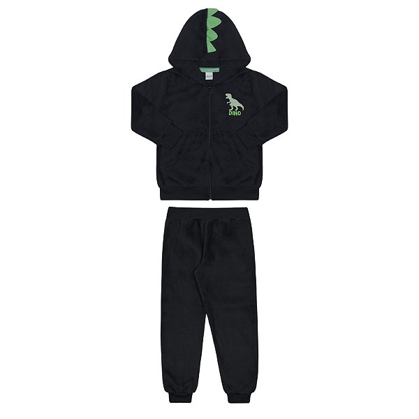 Conjunto masculino em pelinhos estampa dino com capuz interativo