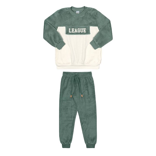 Conjunto masculino em pelinhos cor verde estampa League