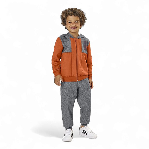 Conjunto masculino moletom com capuz com recortes na cor laranja