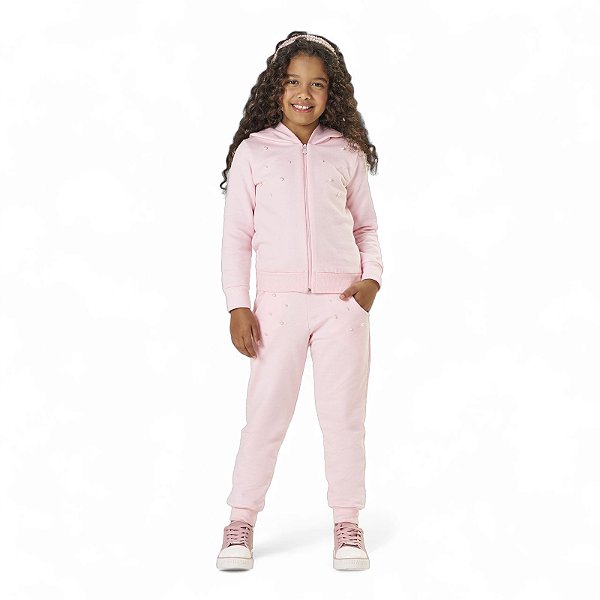 Conjunto de moletom feminino com aplicações em pérolas