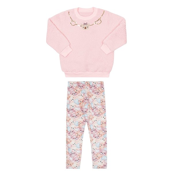 Conjunto feminino casaco em pelo alpaca e legging estampa ursinho