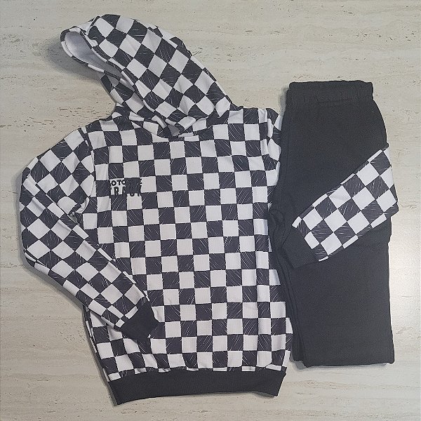 Conjunto em moletom com capuz estampa quadriculado