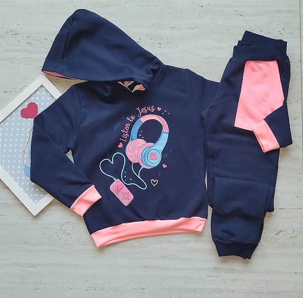 Conjunto feminino moletom felpado com capuz com estampa Listen to Jesus
