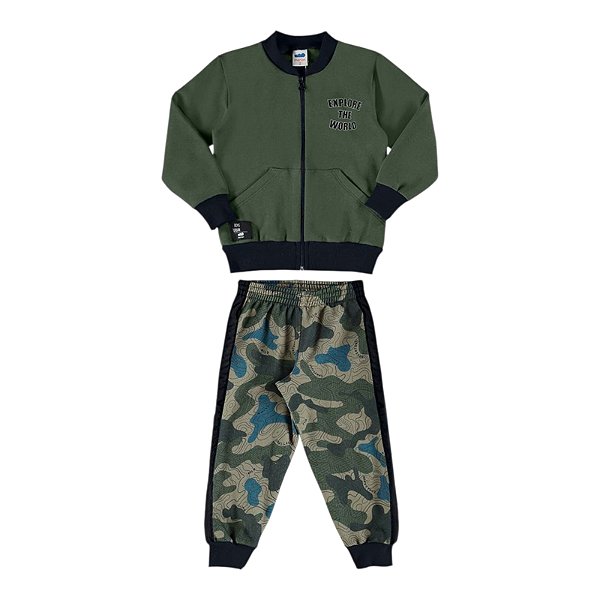 Conjunto em moletom felpado com calça estampa militar na cor verde musgo