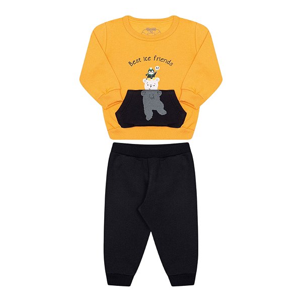 Conjunto em moletom felpado com estampa de ursinho e pinguim