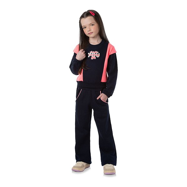 Conjunto em moletom feminino na cor azul marinho com detalhes em rosa e calça flare