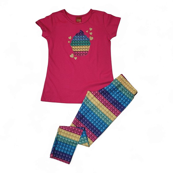 Conjunto feminino camisa manga curta e calça longa estampa pop-it