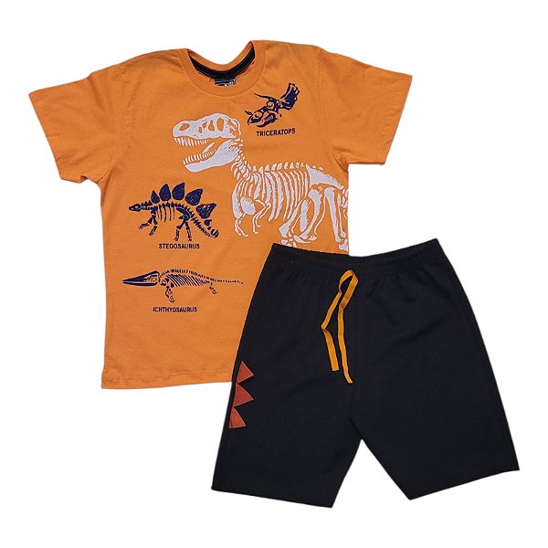Conjunto masculino camisa estampa dinossauros na cor laranja e bermuda preta interativa