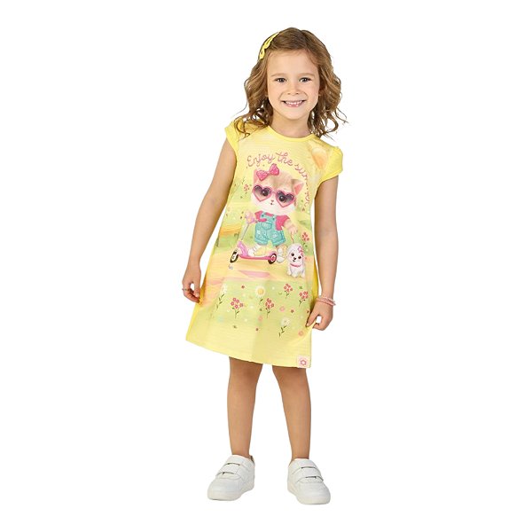 Vestido em cotton maquinetado na cor amarela estampa gatinha fashion