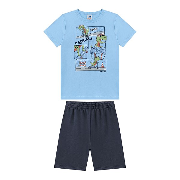 Conjunto masculino camisa azul cor do céu com estampa dinossauros radicais