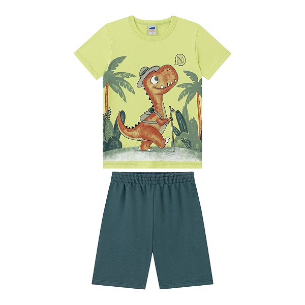 Conjunto masculino camisa na cor verde lima estampa dinossauros