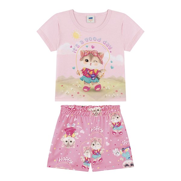 Conjunto feminino camisa rosa com estampa gatinha e shorts estampado