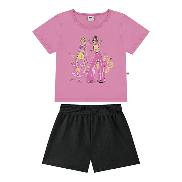 Conjunto feminino camisa na cor rosa estampa dançarinas