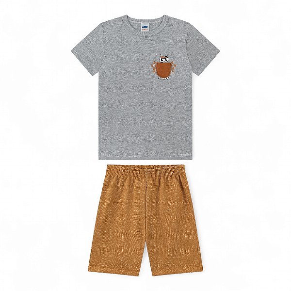 Conjunto camisa cinza mescla e bermuda marrom terroso