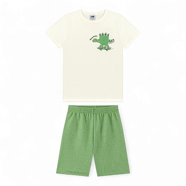 Conjunto camisa off white estampa dino e bermuda verde