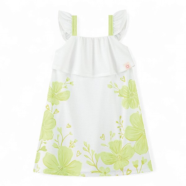 Vestido em cotton maquinetado na cor branca com detalhes em verde