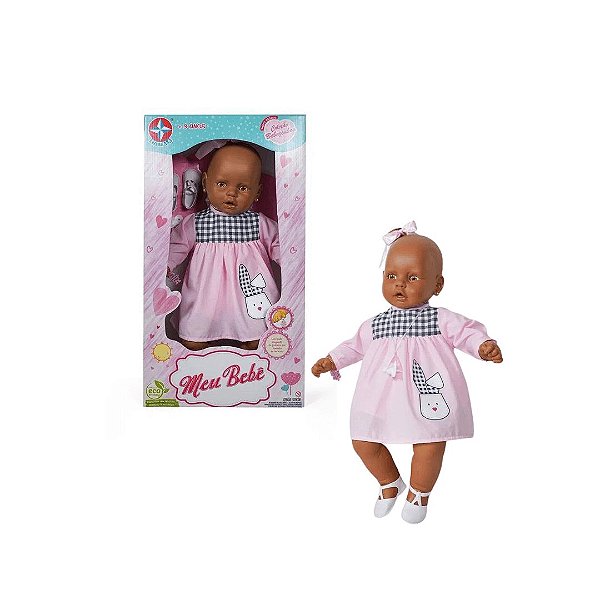 Boneca Meu Bebê Negra Com Vestido Rosa Estrela