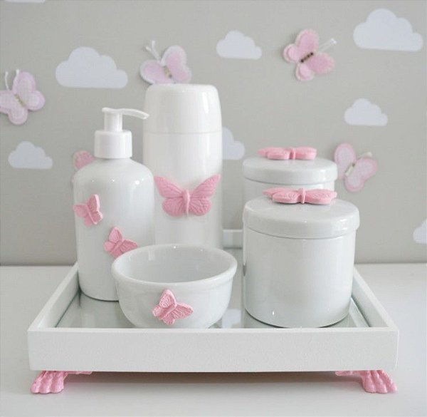 Kit Higiene Bebe Porcelana Borboletas Jardim Rosa - Ciranda Arte Criativa