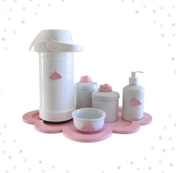 Kit Higiene Porcelana Bebê Maternidade Nuvem + Térmica 500 ml - Rosa bebê -  Ciranda Arte Criativa