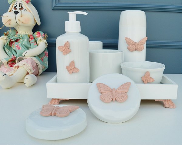 Kit Higiene Porcelana K045 Completo Borboletas Rose Baby Moderno Bebê  Bandeja Mini Térmica 250 ml - Ciranda Arte Criativa
