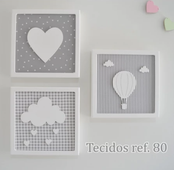 Kit 03 Quadros Bebe Parede Nuvem Amor Coracao Balao Trio Decoração