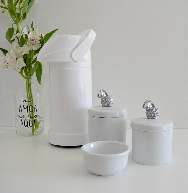 Kit Higiene Porcelana Bebê Maternidade Decoração Bancada Prata Temas Baby + Garrafa Térmica 500 ml