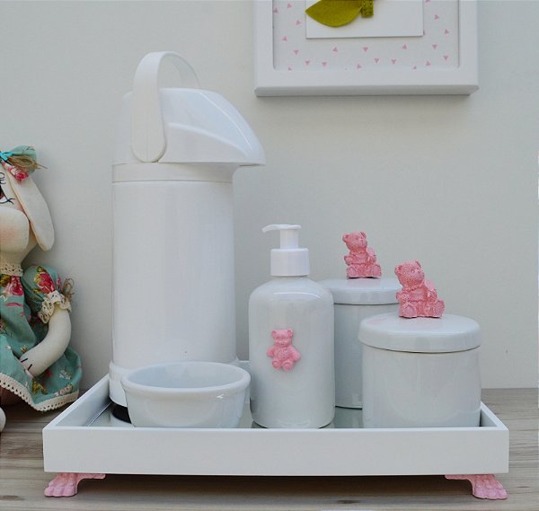 Kit Higiene Bebê Porcelana Térmica Bandeja Banho Ursa