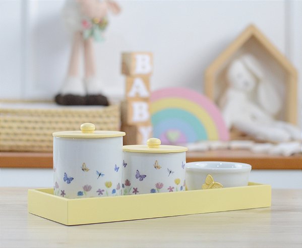 Kit Higiene Porcelana Bebê Maternidade Jardim Encantado Borboleta Amarelo