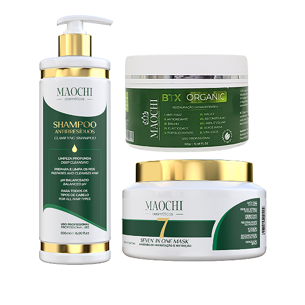 Kit Btx Organic Profissional Reparação e Realinhamentos dos Fios 10em1 + Máscara de Tratamento 7in1 Cronograma Capilar Completo +Shampoo Antirresíduo Limpeza Profunda Passo 1 500ml