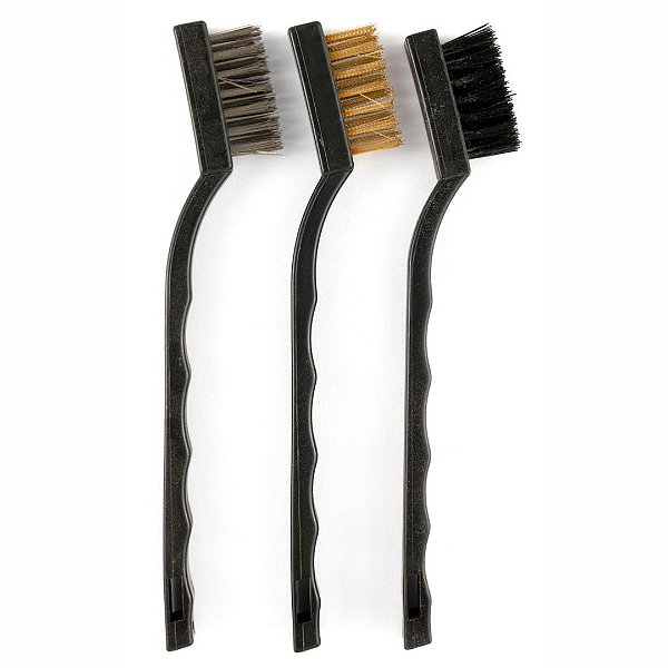 Jogo 3 Mini Escovas Cerdas aço Latão e Nylon, Cabo Plastico