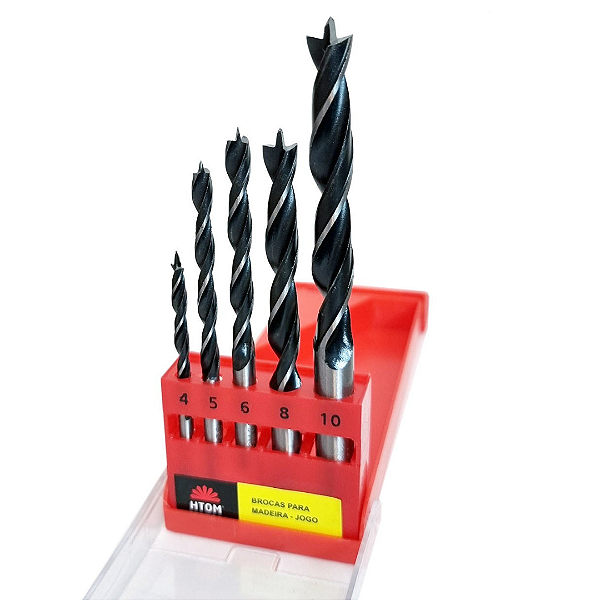 Kit 5 Brocas Para Madeira 4 a 10mm 3 Pontas Aço Cromo Htom