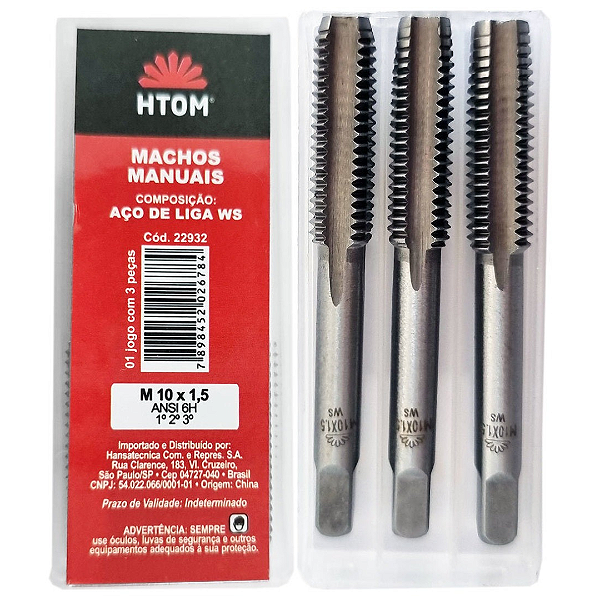 Jogo Macho Manual M10 X 1,5mm Aço Liga Ws 3 Peças Htom