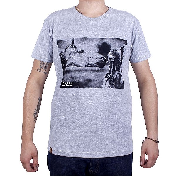 Camiseta Masculina Índia Cavalo Cinza Mescla Stouro