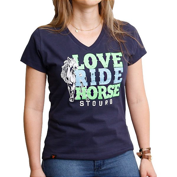 Camiseta Feminina Stouro Love Ride Horse Azul Marinho