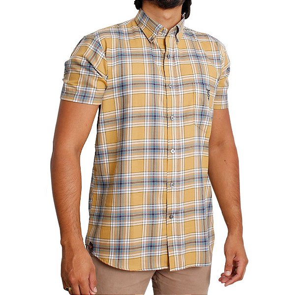 Camisa Masculina Xadrez Stouro Manga Curta - Bege