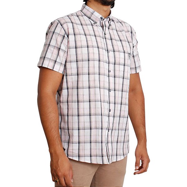 Camisa Masculina Xadrez Stouro Manga Curta - Branco e Rosas